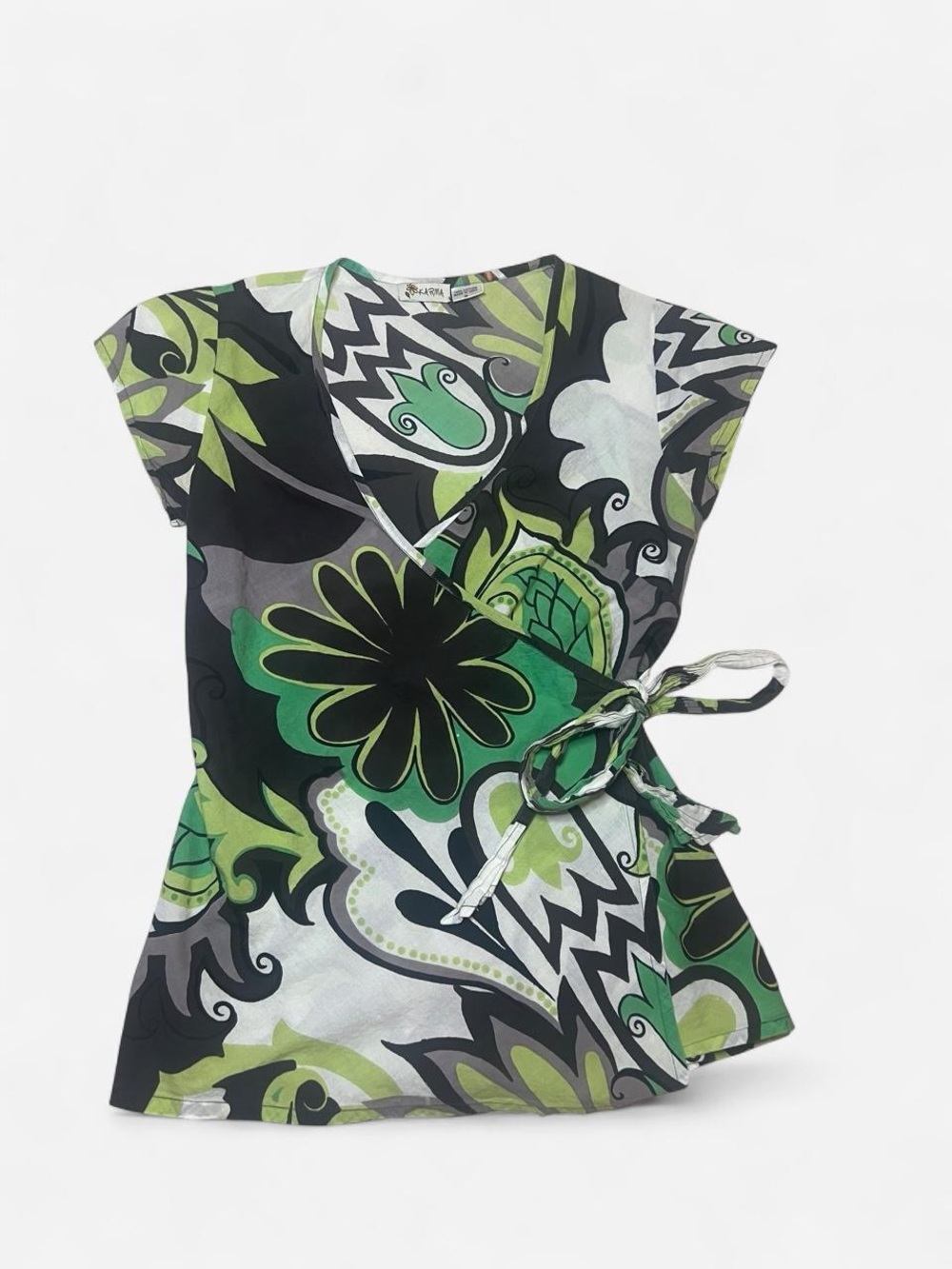 Karma Green & Black Floral Wrap Blouse